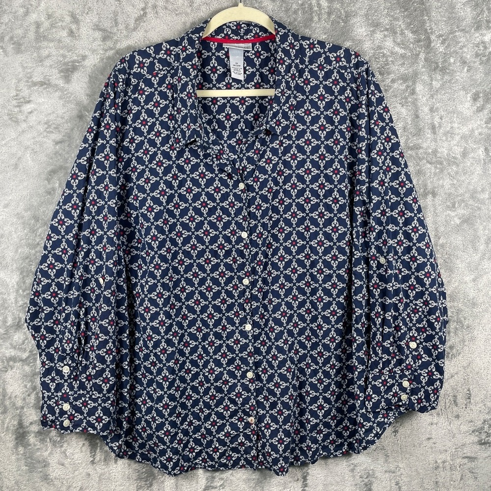 Catherines Shirt Womens 3X Blue Geo‎ Lobster Pattern Button Up Beachy Coastal